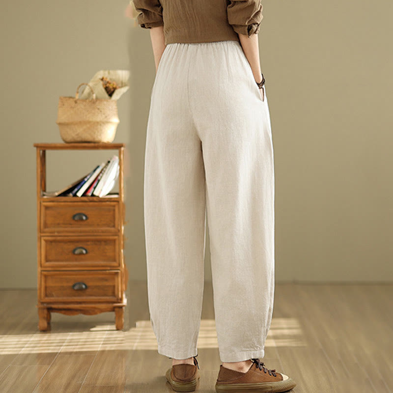 Buddha Stones Casual Solid Color Tapered Elastic Waistband Cotton Linen Women's Pants With Pockets - image 13