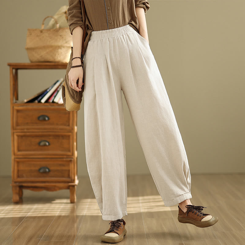 Buddha Stones Casual Solid Color Tapered Elastic Waistband Cotton Linen Women's Pants With Pockets - image 8