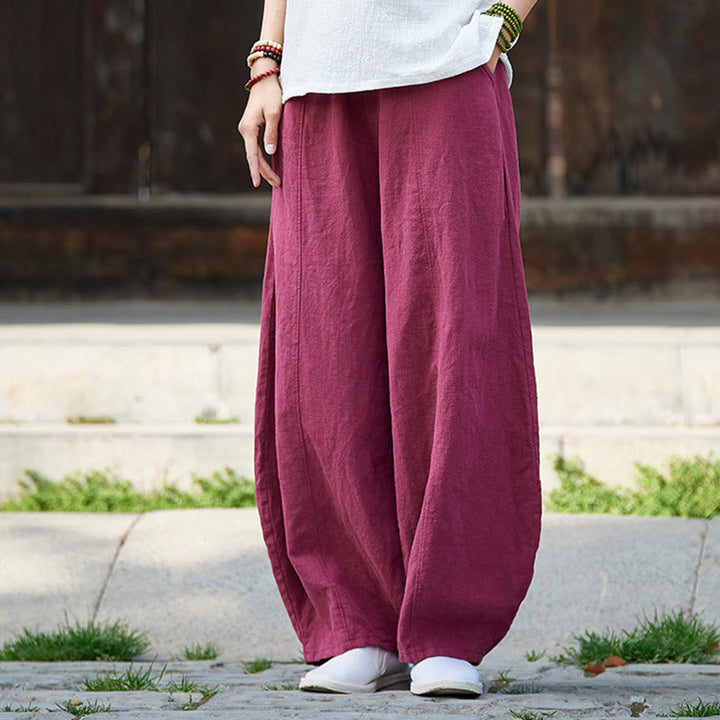 Buddha Stones Casual Plain Color Elastic Waistband Fleece Lined Cotton Ramie Women's Pants With Pockets - image 13