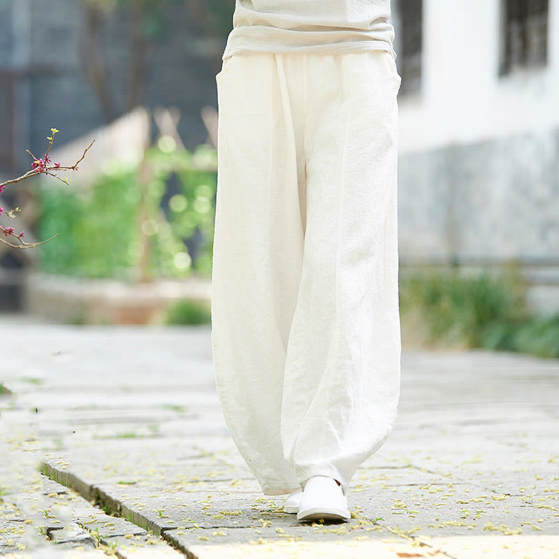 Buddha Stones Casual Plain Color Elastic Waistband Fleece Lined Cotton Ramie Women's Pants With Pockets - image 21