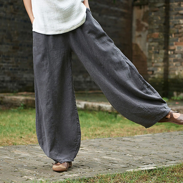 Buddha Stones Casual Plain Color Elastic Waistband Fleece Lined Cotton Ramie Women's Pants With Pockets - image 42