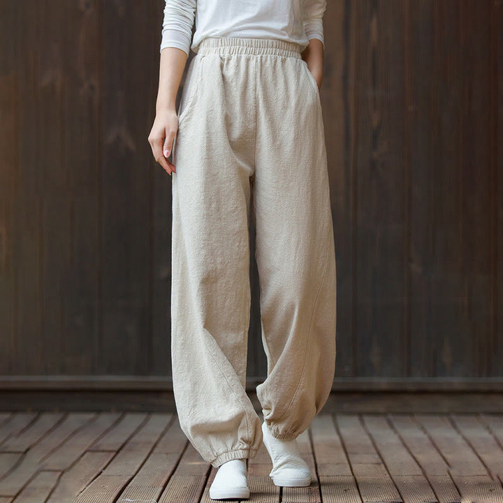 Buddha Stones Casual Solid Plain Color Carrot Elastic Waistband Cotton Ramie Women's Pants With Pockets - Beige - US4，UK/AU8，EU36 (L) - image 18