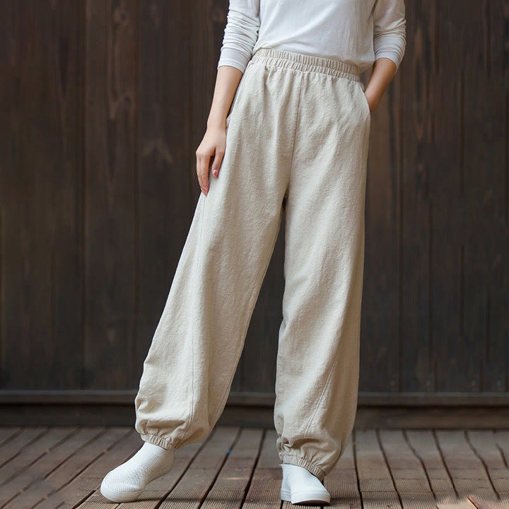 Buddha Stones Casual Solid Plain Color Carrot Elastic Waistband Cotton Ramie Women's Pants With Pockets - image 23