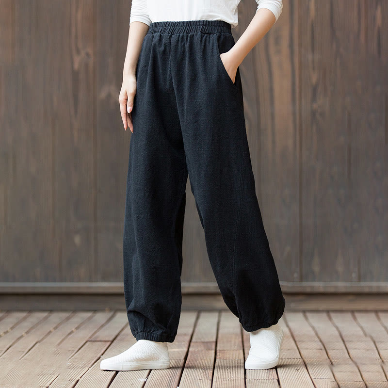 Buddha Stones Casual Solid Plain Color Carrot Elastic Waistband Cotton Ramie Women's Pants With Pockets - image 16