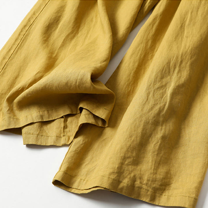 Buddha Stones Plain Color Cotton Linen High Waist Wide Leg Pants With Pockets - image 3