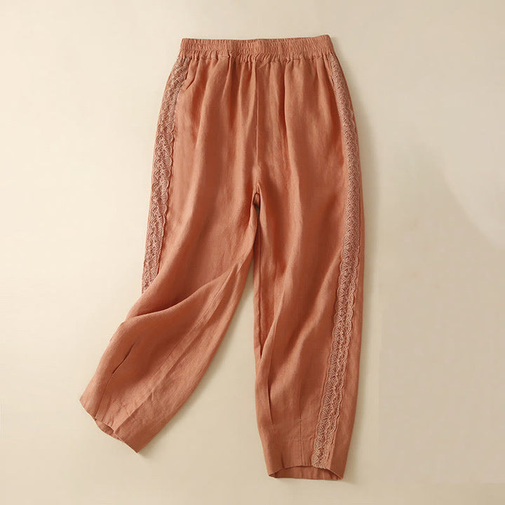 Buddha Stones Plain Color Flower Embroidery Side Linen Women's Pants With Pockets - Orange - US12，UK/AU16，EU44 (3XL) - image 7