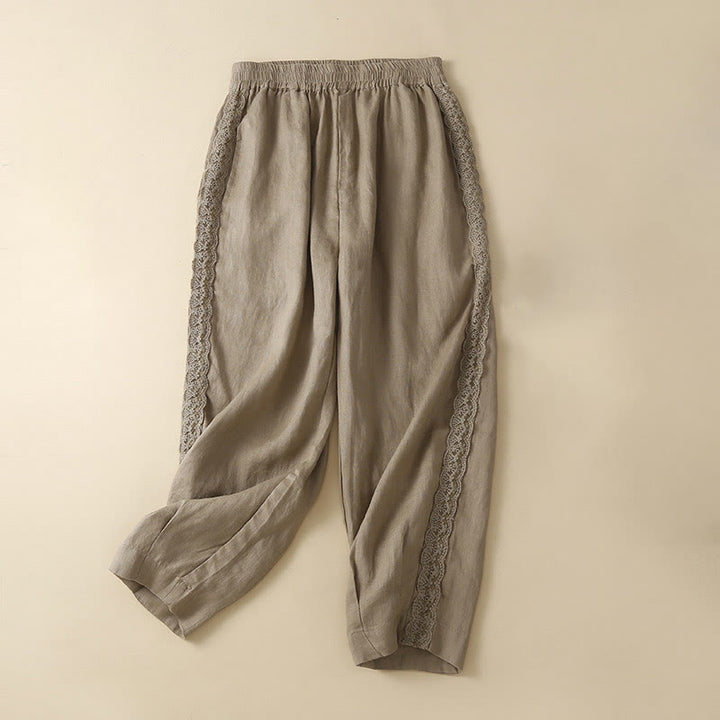 Buddha Stones Plain Color Flower Embroidery Side Linen Women's Pants With Pockets - DarkKhaki - US12，UK/AU16，EU44 (3XL) - image 0