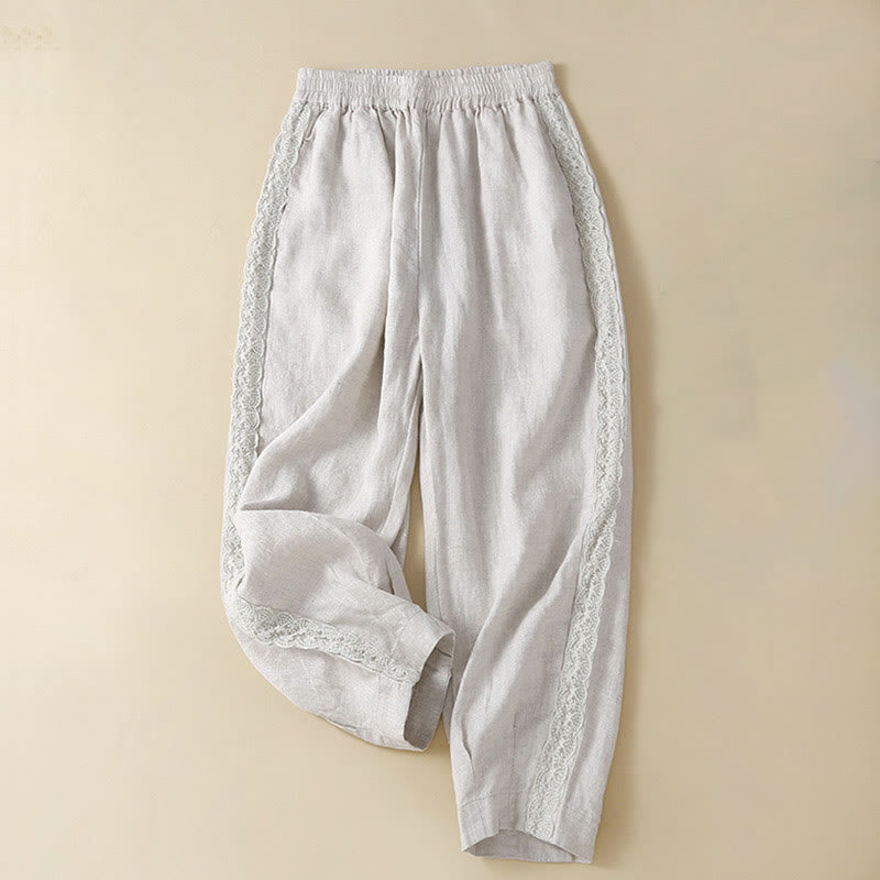 Buddha Stones Plain Color Flower Embroidery Side Linen Women's Pants With Pockets - WhiteSmoke - US12，UK/AU16，EU44 (3XL) - image 13