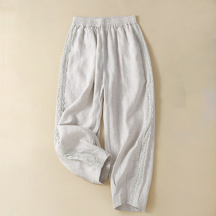 Buddha Stones Plain Color Flower Embroidery Side Linen Women's Pants With Pockets - WhiteSmoke - US12，UK/AU16，EU44 (3XL) - image 13