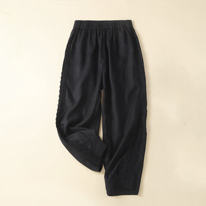 Buddha Stones Plain Color Flower Embroidery Side Linen Women's Pants With Pockets - Black - US12，UK/AU16，EU44 (3XL) - image 23