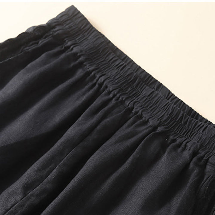 Buddha Stones Plain Color Flower Embroidery Side Linen Women's Pants With Pockets - image 24