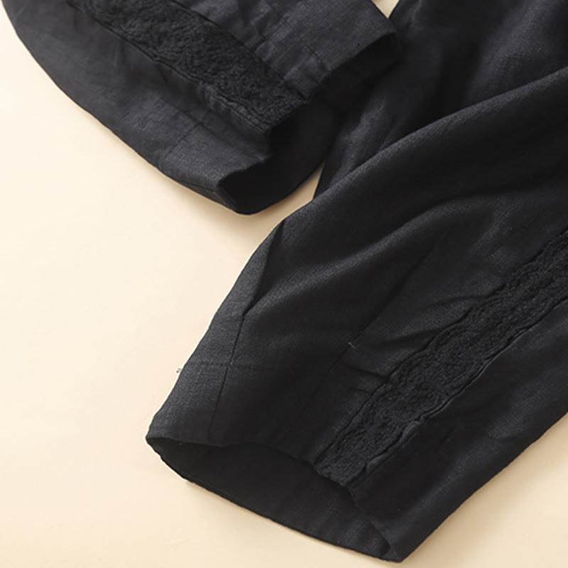 Buddha Stones Plain Color Flower Embroidery Side Linen Women's Pants With Pockets - image 26