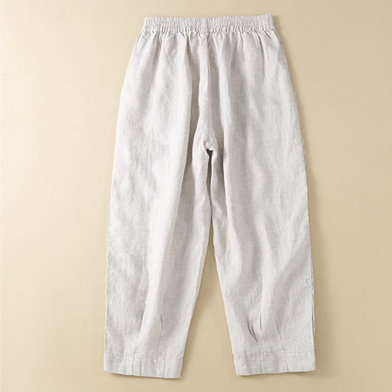 Buddha Stones Plain Color Flower Embroidery Side Linen Women's Pants With Pockets - image 14