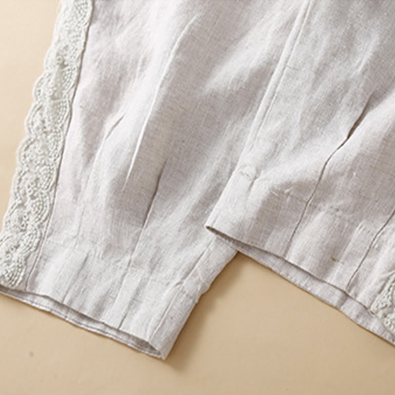 Buddha Stones Plain Color Flower Embroidery Side Linen Women's Pants With Pockets - image 22