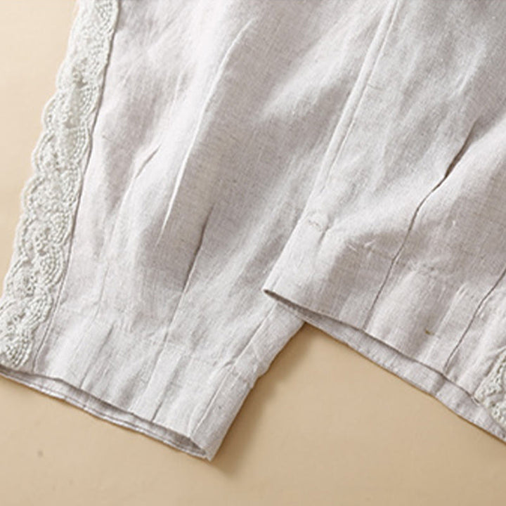 Buddha Stones Plain Color Flower Embroidery Side Linen Women's Pants With Pockets - image 22