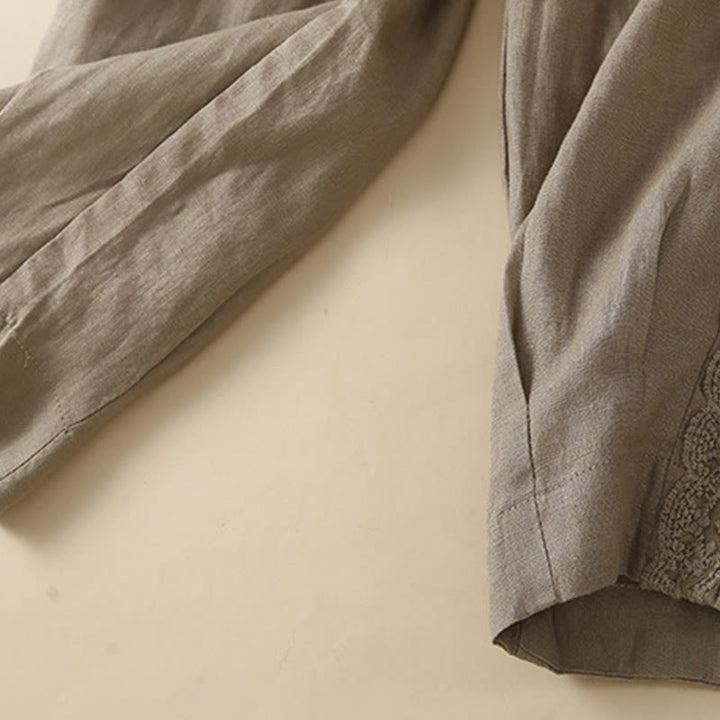 Buddha Stones Plain Color Flower Embroidery Side Linen Women's Pants With Pockets - image 5