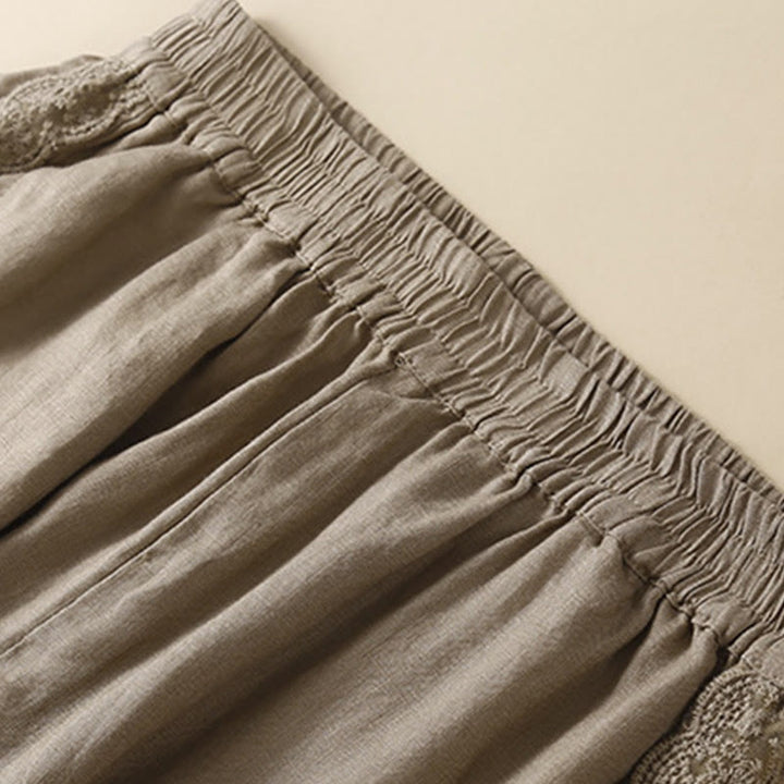Buddha Stones Plain Color Flower Embroidery Side Linen Women's Pants With Pockets - image 2