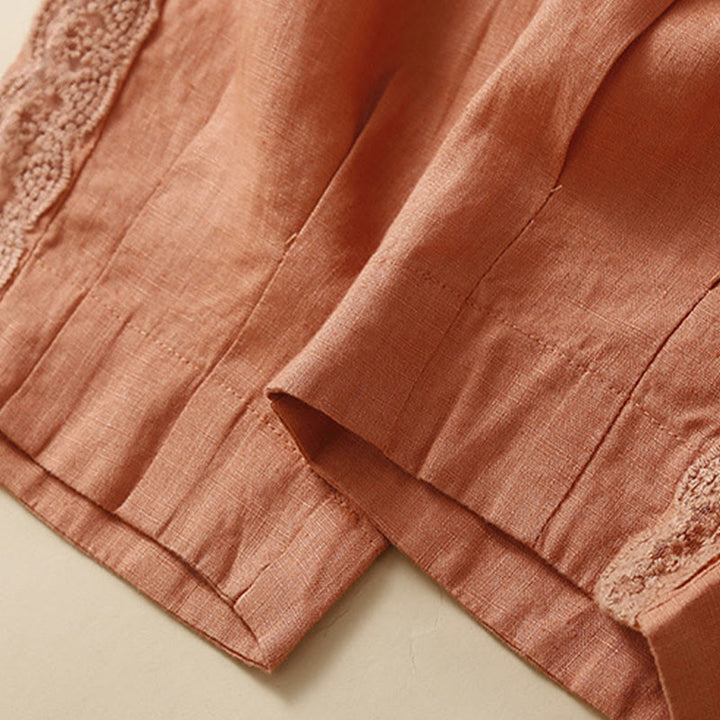 Buddha Stones Plain Color Flower Embroidery Side Linen Women's Pants With Pockets - image 11