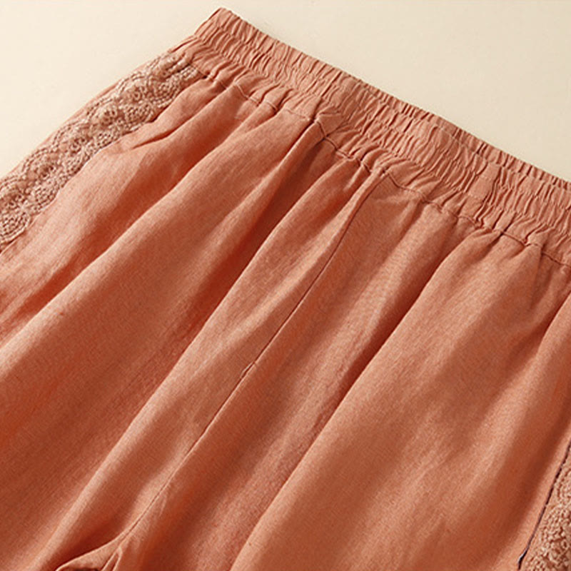 Buddha Stones Plain Color Flower Embroidery Side Linen Women's Pants With Pockets - image 8