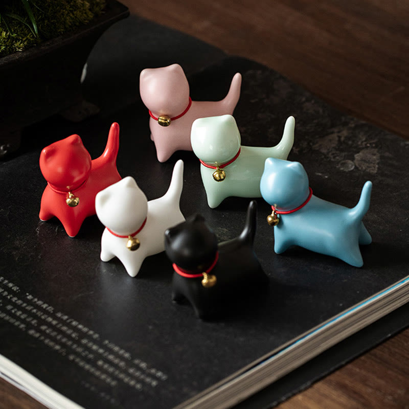 Buddha Stones Mini Cute Standing Lying Cat Tea Pet Ceramic Home Desk Figurine Decoration - image 3