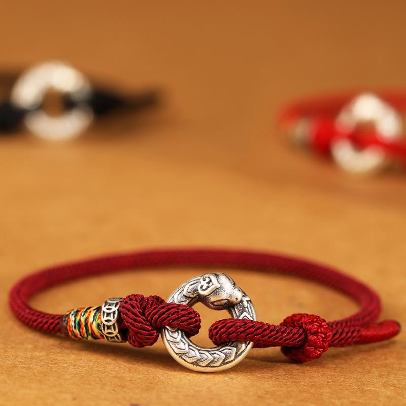 Buddha Stones Red String 999 Sterling Silver Peace Buckle Coin Year of the Snake Strength Bracelet - Dark Red String 999 Sterling Silver - 18-20cm - image 0