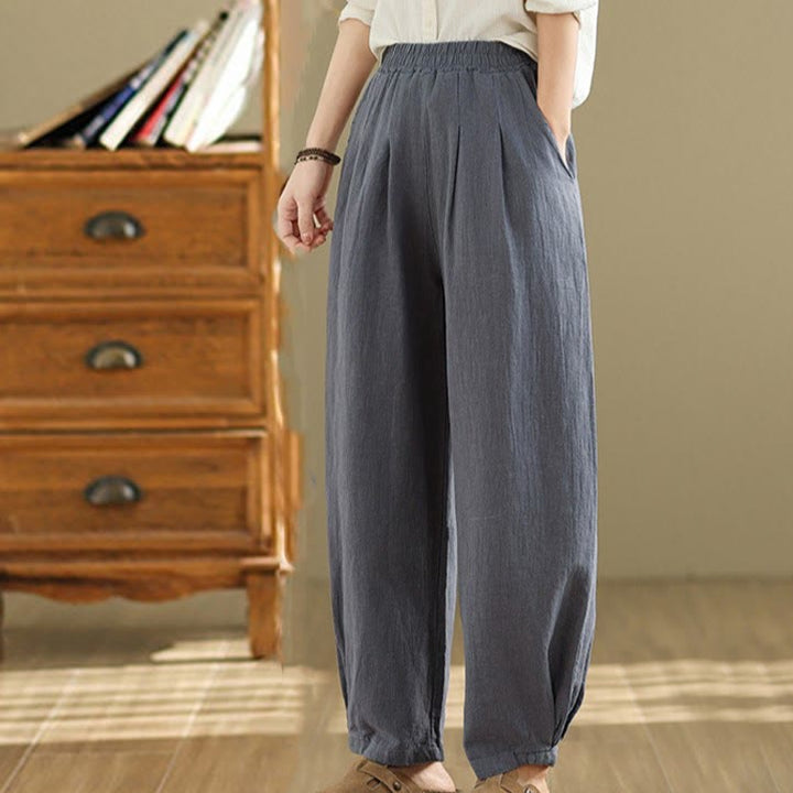 Buddha Stones Casual Solid Color Tapered Elastic Waistband Cotton Linen Women's Pants With Pockets - image 2
