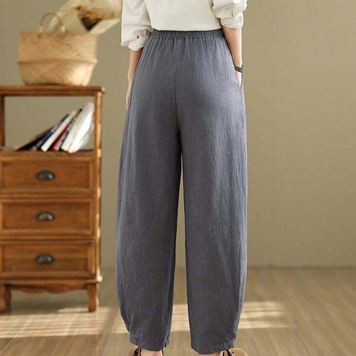 Buddha Stones Casual Solid Color Tapered Elastic Waistband Cotton Linen Women's Pants With Pockets - image 5