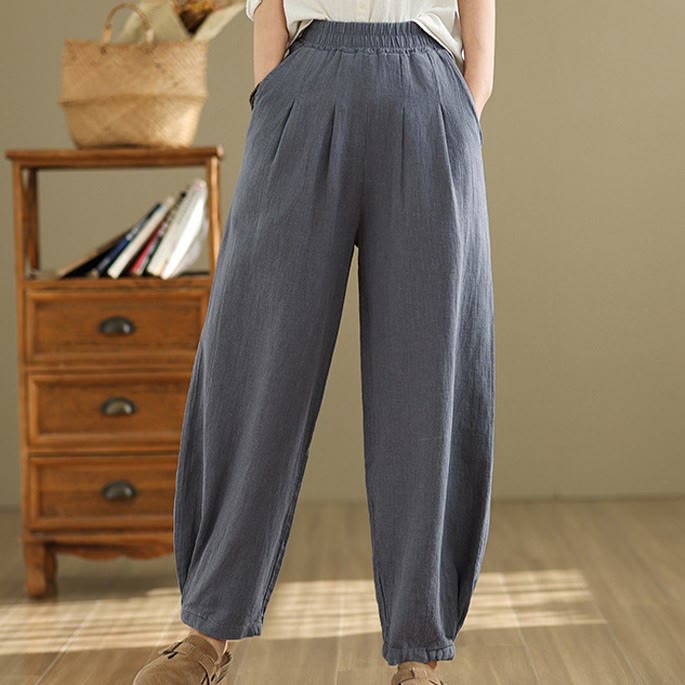 Buddha Stones Casual Solid Color Tapered Elastic Waistband Cotton Linen Women's Pants With Pockets - image 3