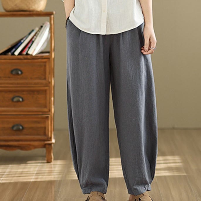 Buddha Stones Casual Solid Color Tapered Elastic Waistband Cotton Linen Women's Pants With Pockets - image 1