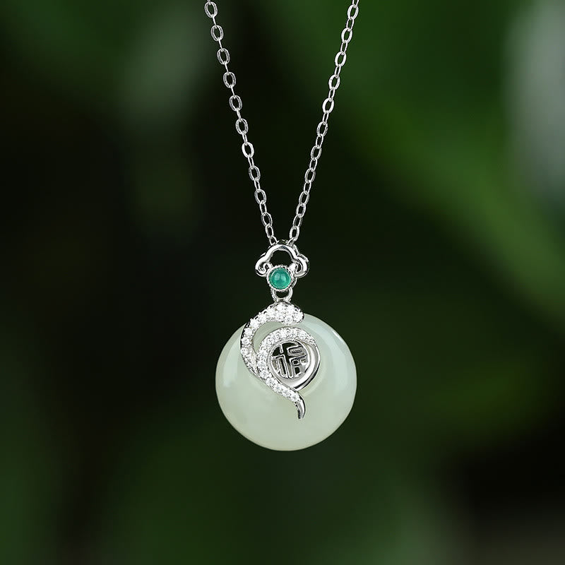 Buddha Stones 925 Sterling Silver Fu Character Hetian Jade Peace Buckle Year Of The Snake Luck Necklace Pendant - 925 Sterling Silver Platinum - image 0