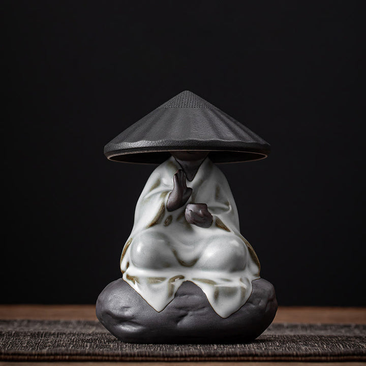 Buddha Stones Little Zen Monk Hat Strainer Ceramic Tea Accessories Figurine Home Decoration - Monk Black Hat Strainer 9*12.2cm - image 10