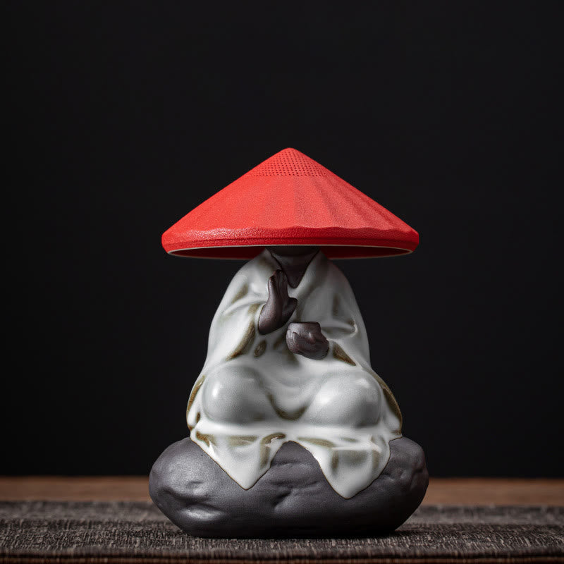 Buddha Stones Little Zen Monk Hat Strainer Ceramic Tea Accessories Figurine Home Decoration - Monk Red Hat Strainer 9*12.2cm - image 12