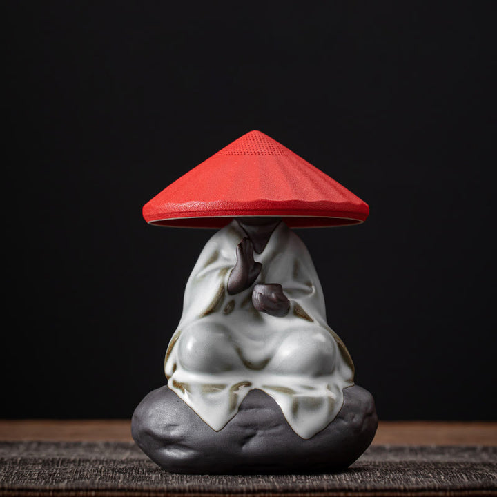 Buddha Stones Little Zen Monk Hat Strainer Ceramic Tea Accessories Figurine Home Decoration - Monk Red Hat Strainer 9*12.2cm - image 12