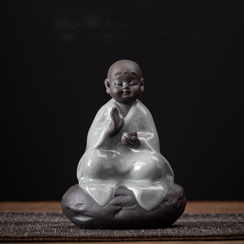 Buddha Stones Little Zen Monk Hat Strainer Ceramic Tea Accessories Figurine Home Decoration - Crack Pattern Monk 9*12.2cm - image 6