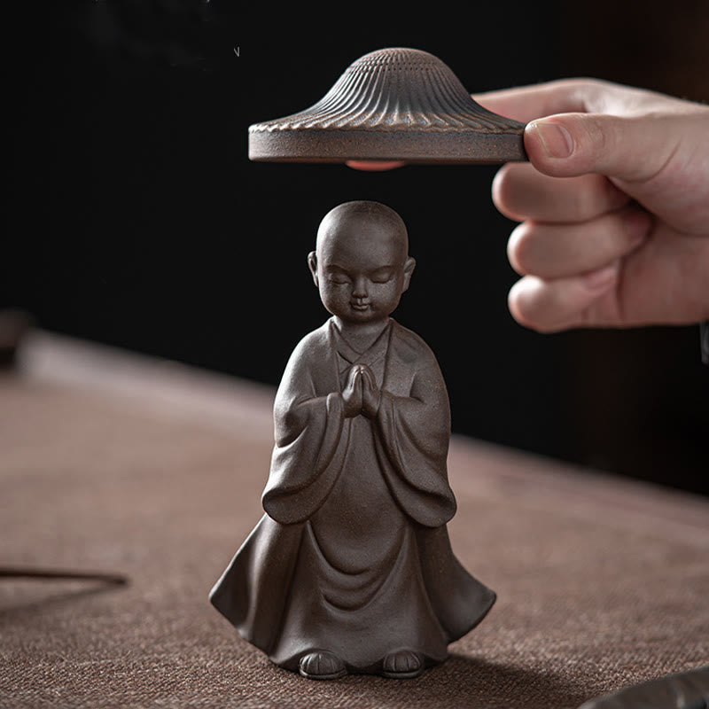 Buddha Stones Little Brown Monk Hat Strainer Ceramic Tea Accessories Figurine Zen Home Desk Decoration - image 3