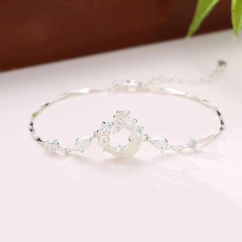 Buddha Stones Hetian Jade 925 Sterling Silver Cubic Zirconia Pearl Lotus Bracelet - Hetian Jade 925 Sterling Silver(Wrist Circumference: 14-18cm) - image 0