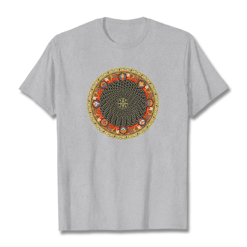 Buddha Stones Circular Om Mani Padme Hum Eight Auspicious Symbols Cotton Tee T-shirt - LightGrey - 2XL - image 0