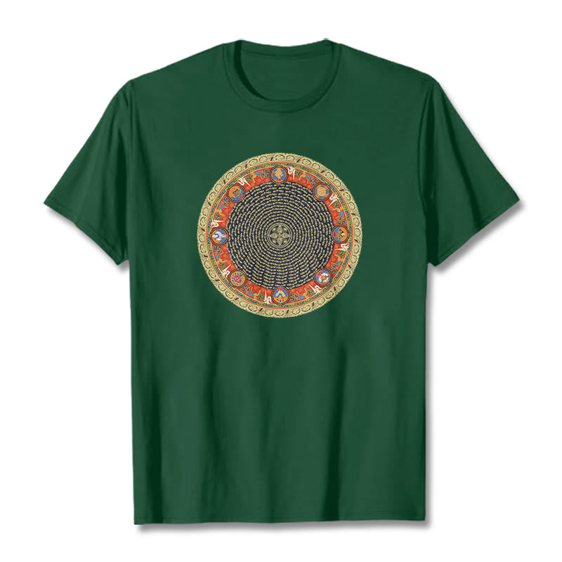 Buddha Stones Circular Om Mani Padme Hum Eight Auspicious Symbols Cotton Tee T-shirt - ForestGreen - 2XL - image 1
