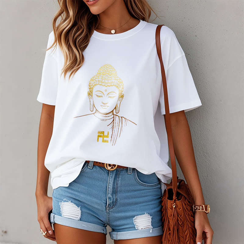 Buddha Stones Swastika Pattern Golden Buddha Cotton Tee T-shirt - image 1