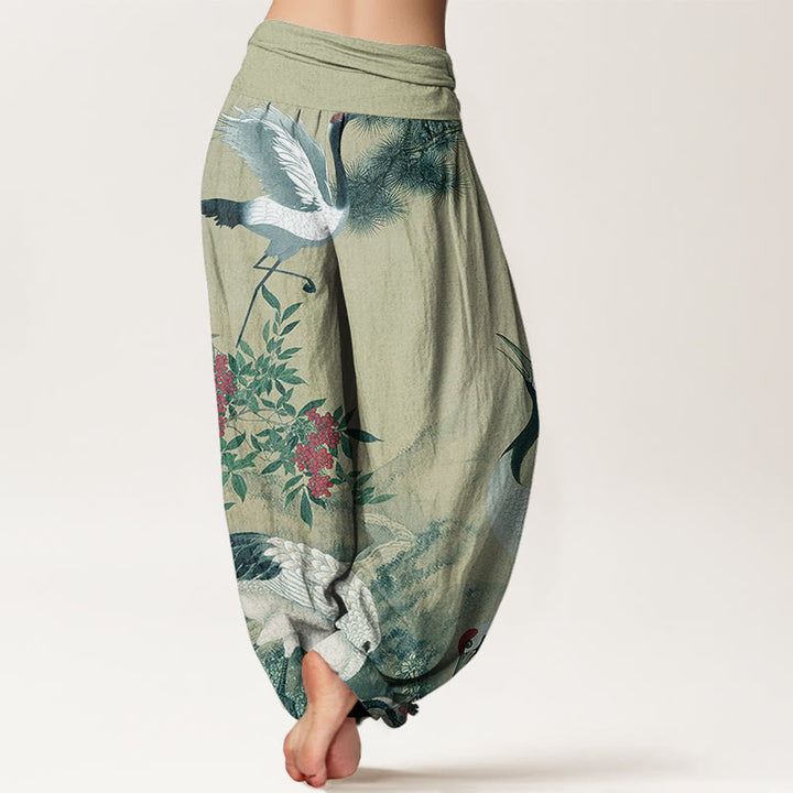 Buddha Stones Casual Red-crowned Crane Pine Tree Mountain Women's Elastic Waist Harem Pants - image 6