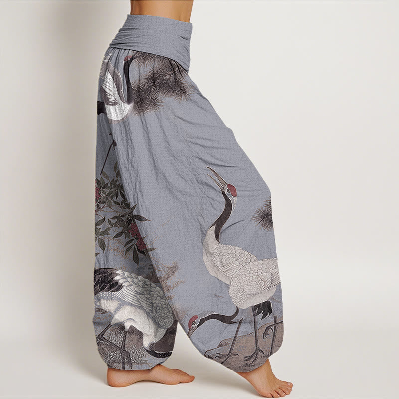Buddha Stones Casual Red-crowned Crane Pine Tree Mountain Women's Elastic Waist Harem Pants - image 8