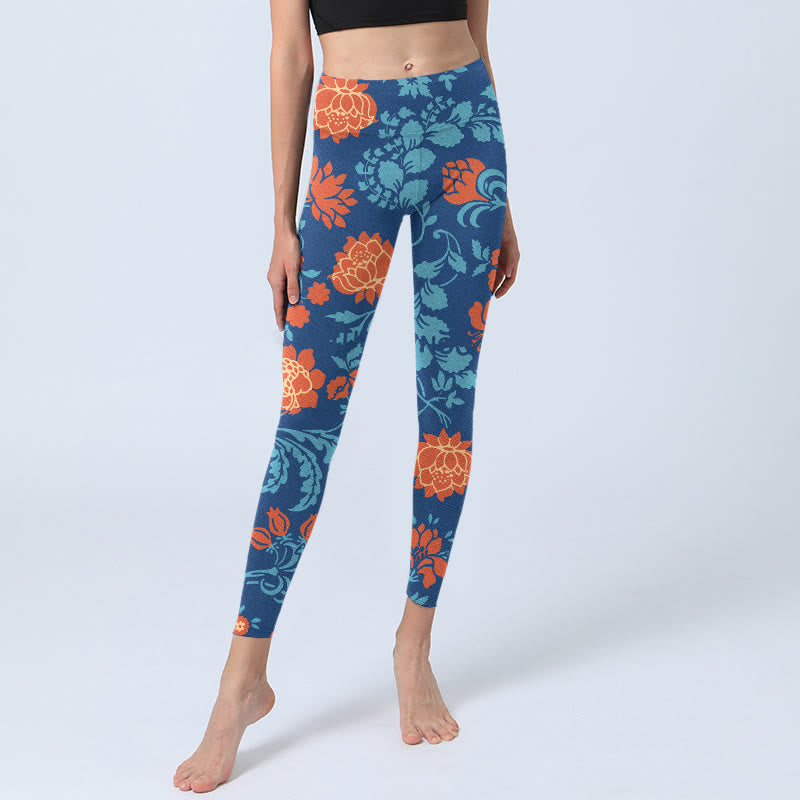 Buddha Stones Steel Blue Red Tulips Flowers Leaves Print Gym Leggings Women's Yoga Pants - image 5