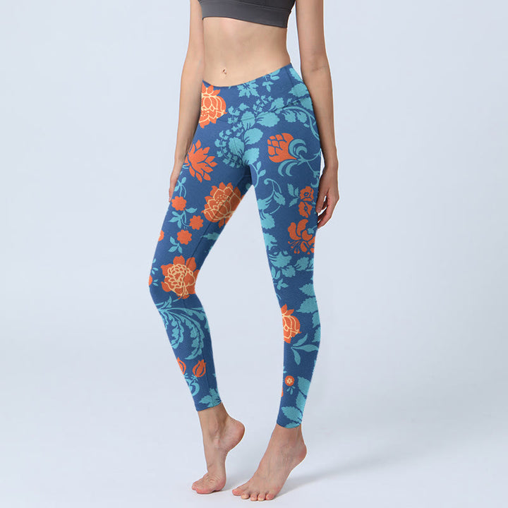 Buddha Stones Steel Blue Red Tulips Flowers Leaves Print Gym Leggings Women's Yoga Pants - SteelBlue - US18，UK/AU22，EU50 (4XL) - image 0