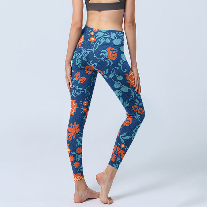 Buddha Stones Steel Blue Red Tulips Flowers Leaves Print Gym Leggings Women's Yoga Pants - image 4