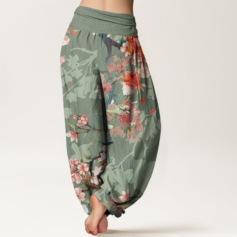 Buddha Stones Cotton Red Pink Blooming Flowers Lush Branches Women's Elastic Waist Harem Pants - image 2