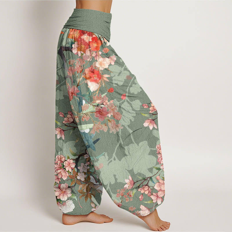 Buddha Stones Red Pink Blooming Flowers Lush Branches Women's Elastic Waist Harem Pants - image 1