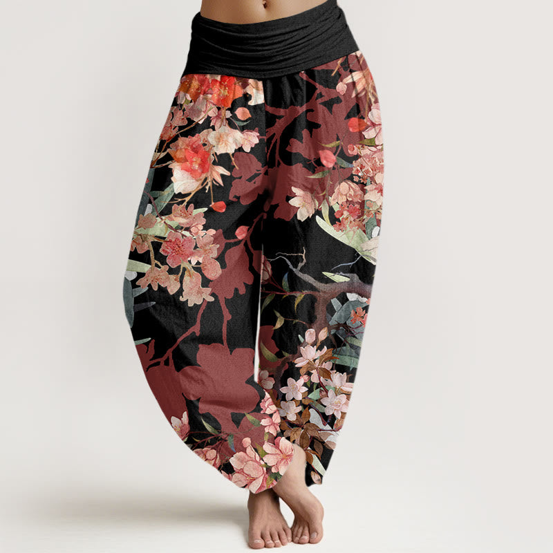Buddha Stones Red Pink Blooming Flowers Lush Branches Women's Elastic Waist Harem Pants - Black - US22，UK/AU26，EU54 (6XL) - image 4