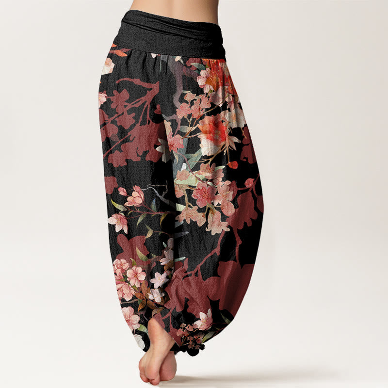 Buddha Stones Cotton Red Pink Blooming Flowers Lush Branches Women's Elastic Waist Harem Pants - image 6