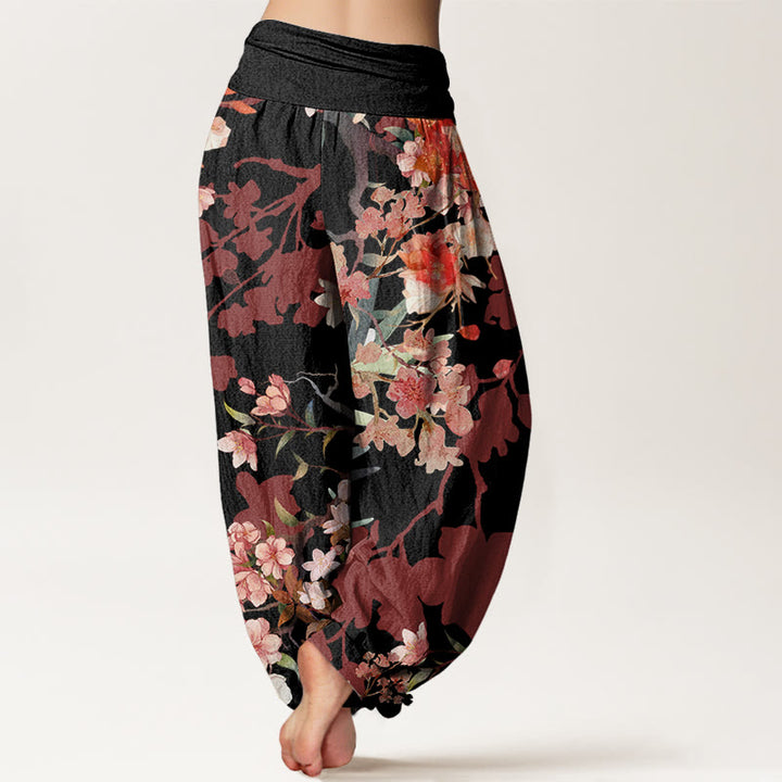 Buddha Stones Cotton Red Pink Blooming Flowers Lush Branches Women's Elastic Waist Harem Pants - image 6