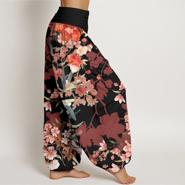Buddha Stones Red Pink Blooming Flowers Lush Branches Women's Elastic Waist Harem Pants - image 5